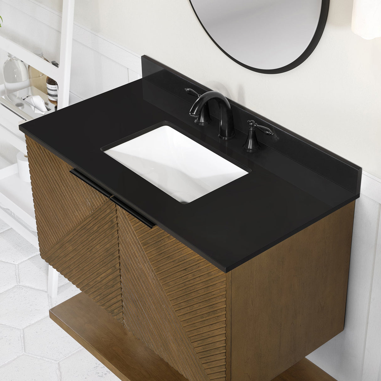WYLDER 36IN VANITY IN ALMOND LATTE WITH BLACK GRANITE TOP & CERAMIC BASIN