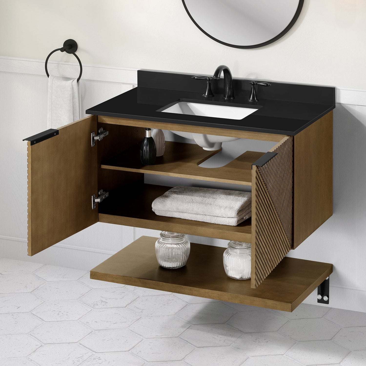 WYLDER 36IN VANITY IN ALMOND LATTE WITH BLACK GRANITE TOP & CERAMIC BASIN