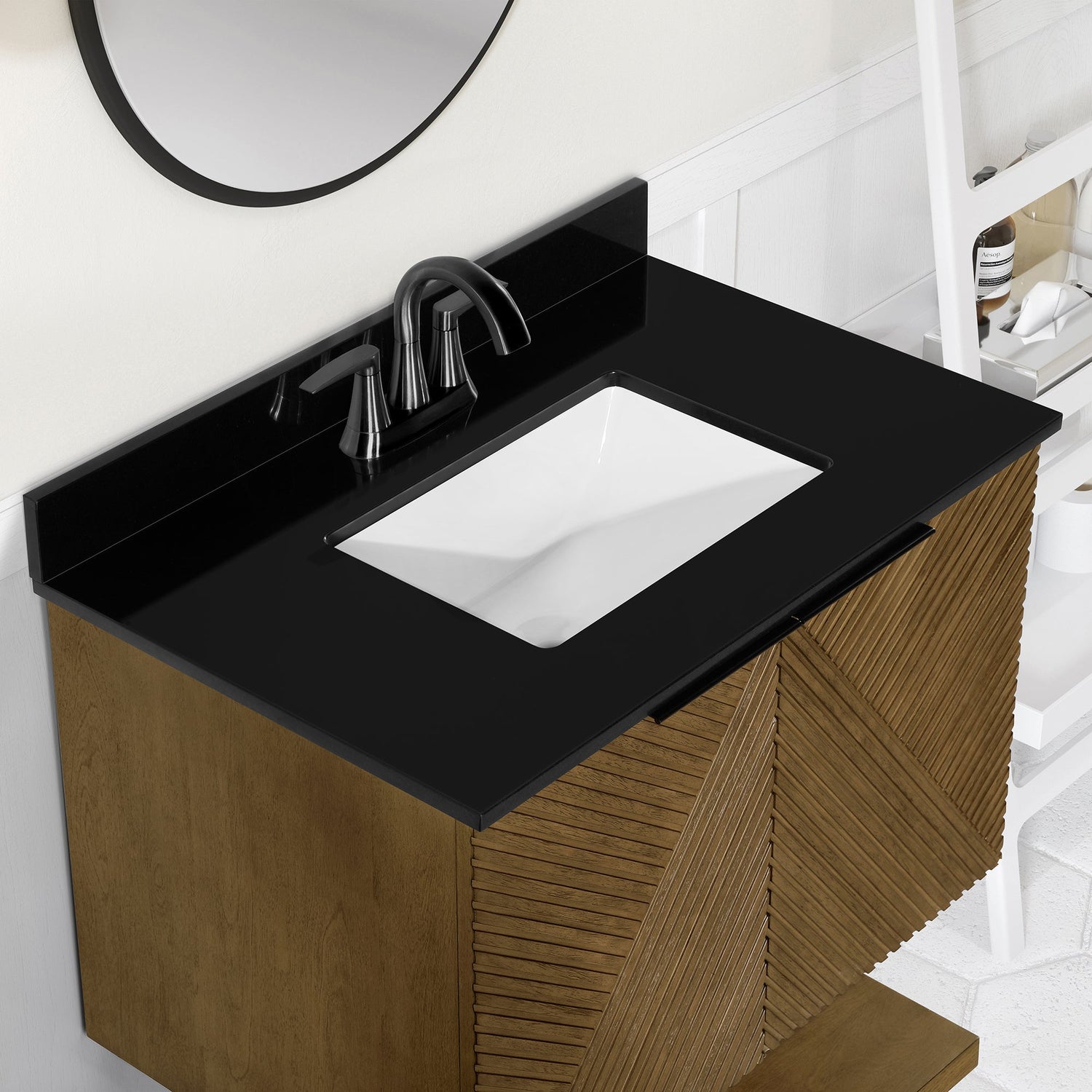 WYLDER 30IN VANITY IN ALMOND LATTE WITH BLACK GRANITE TOP & CERAMIC BASIN