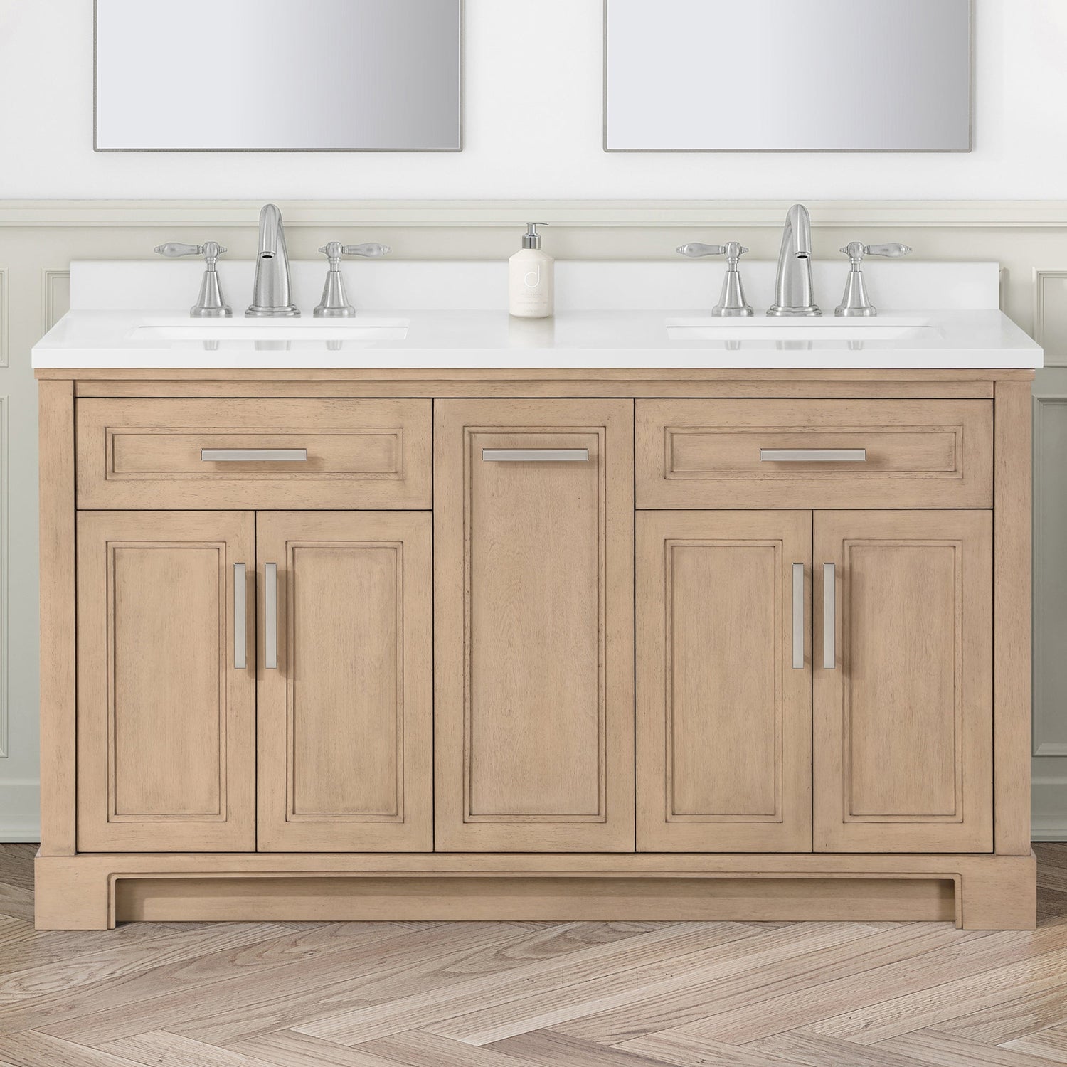 SCARLETT 60IN VANITY IN SAHARA BIRCH WITH WHITE QUARTZ TOP & CERAMIC BASIN