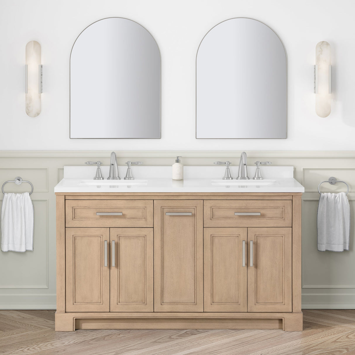 SCARLETT 60IN VANITY IN SAHARA BIRCH WITH WHITE QUARTZ TOP & CERAMIC BASIN