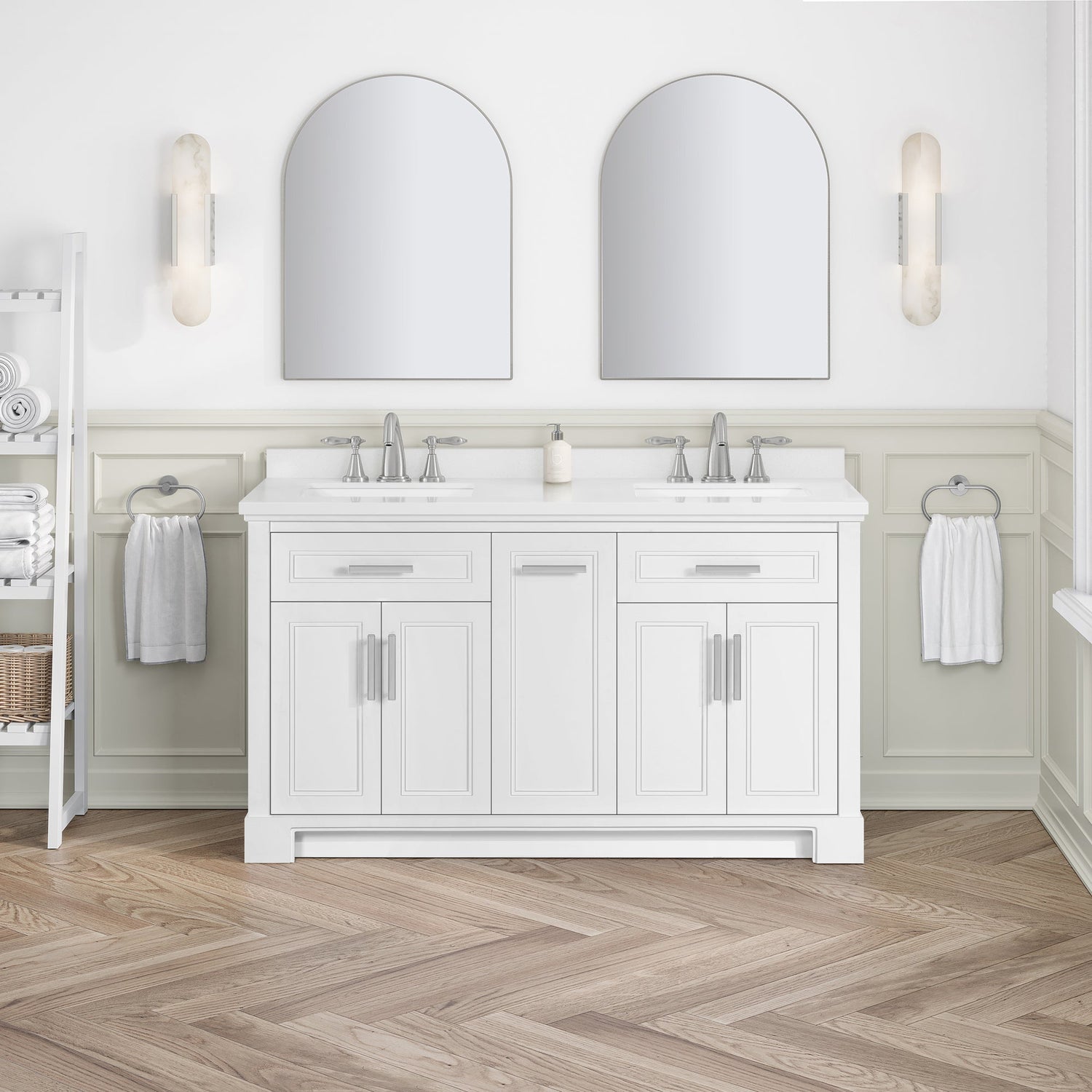 SCARLETT 60IN VANITY IN WHITE WITH WHITE QUARTZ TOP & CERAMIC BASIN