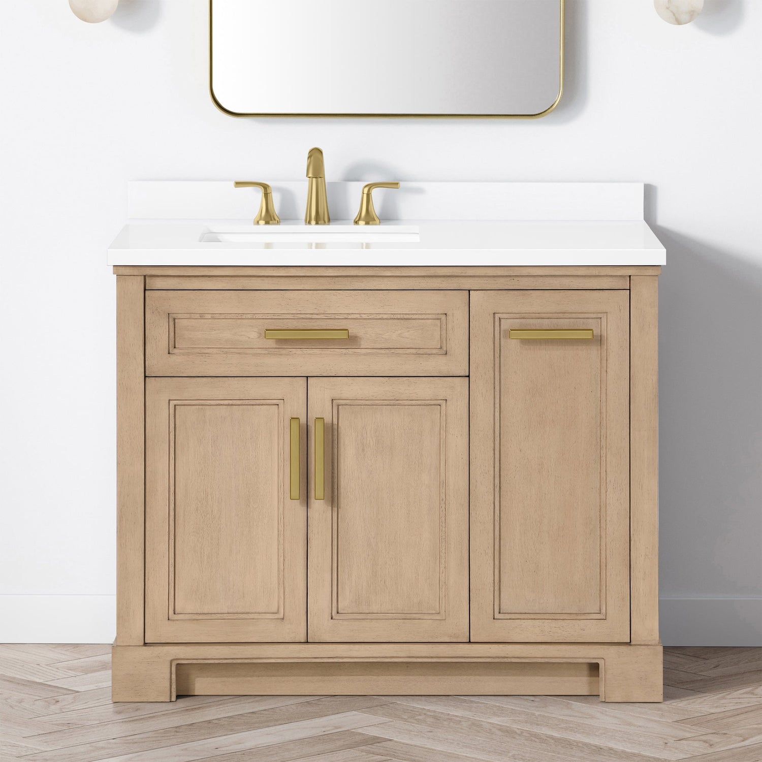 SCARLETT 42IN VANITY IN SAHARA BIRCH WITH WHITE QUARTZ TOP & CERAMIC BASIN