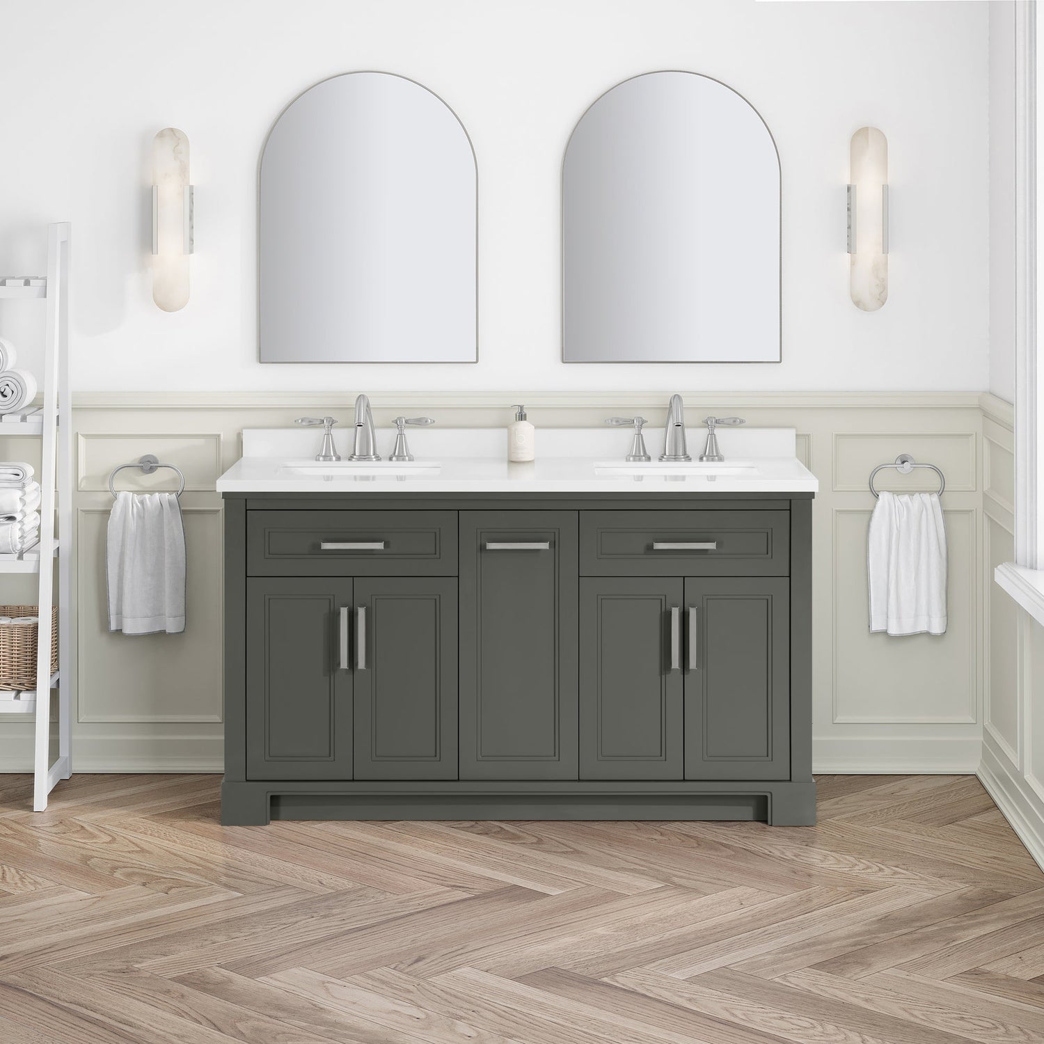 SCARLETT 60IN VANITY IN CHARCOAL GREY WITH WHITE QUARTZ TOP & CERAMIC BASIN