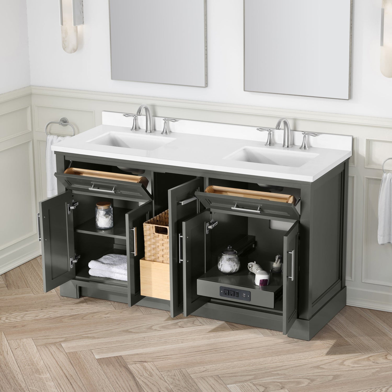 SCARLETT 60IN VANITY IN CHARCOAL GREY WITH WHITE QUARTZ TOP & CERAMIC BASIN