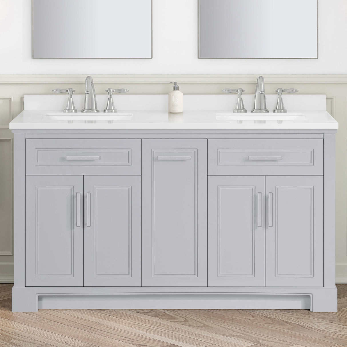 SCARLETT 60IN VANITY IN DOVE GREY WITH WHITE QUARTZ TOP & CERAMIC BASIN