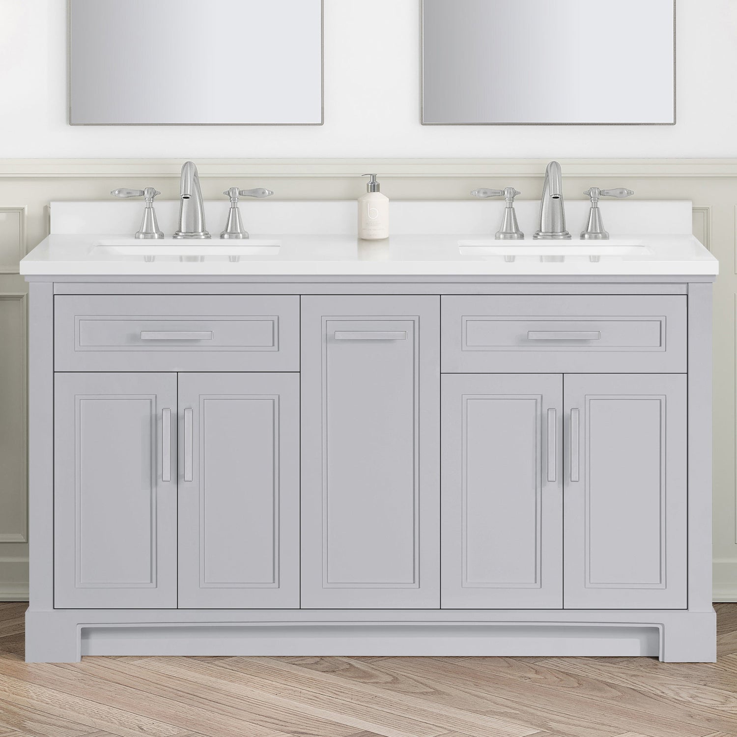 SCARLETT 60IN VANITY IN DOVE GREY WITH WHITE QUARTZ TOP & CERAMIC BASIN