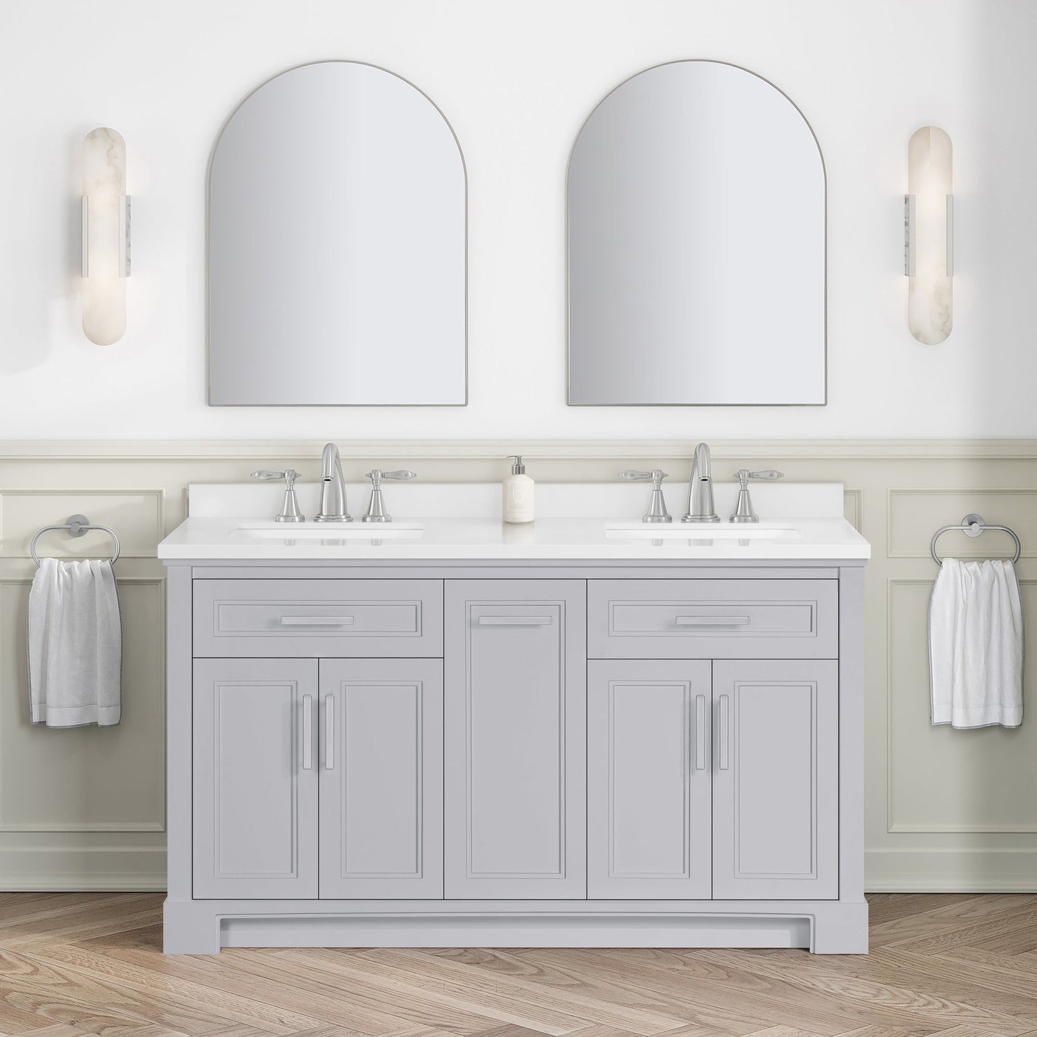 SCARLETT 60IN VANITY IN DOVE GREY WITH WHITE QUARTZ TOP & CERAMIC BASIN