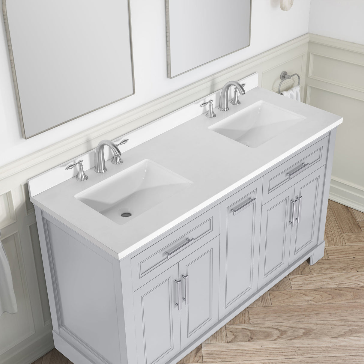SCARLETT 60IN VANITY IN DOVE GREY WITH WHITE QUARTZ TOP & CERAMIC BASIN