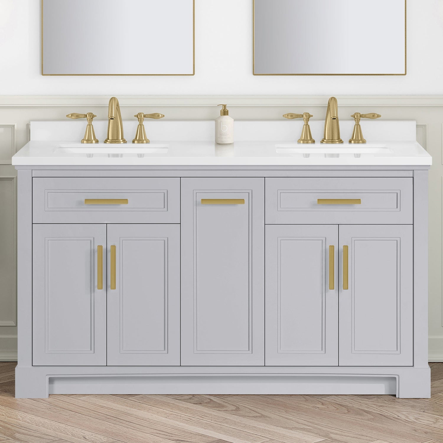 SCARLETT 60IN VANITY IN DOVE GREY WITH WHITE QUARTZ TOP & CERAMIC BASIN