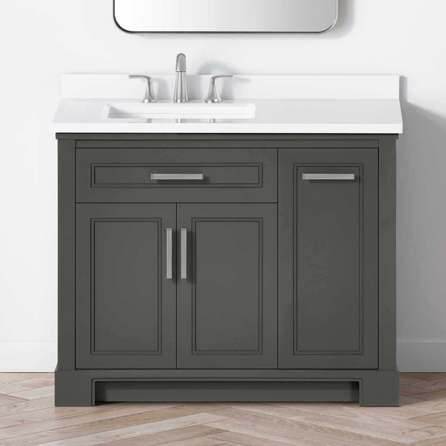 SCARLETT 42IN VANITY IN CHARCOAL GREY WITH WHITE QUARTZ TOP & CERAMIC BASIN