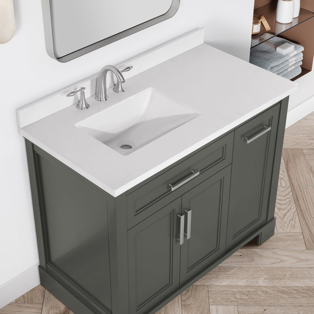 SCARLETT 42IN VANITY IN CHARCOAL GREY WITH WHITE QUARTZ TOP & CERAMIC BASIN