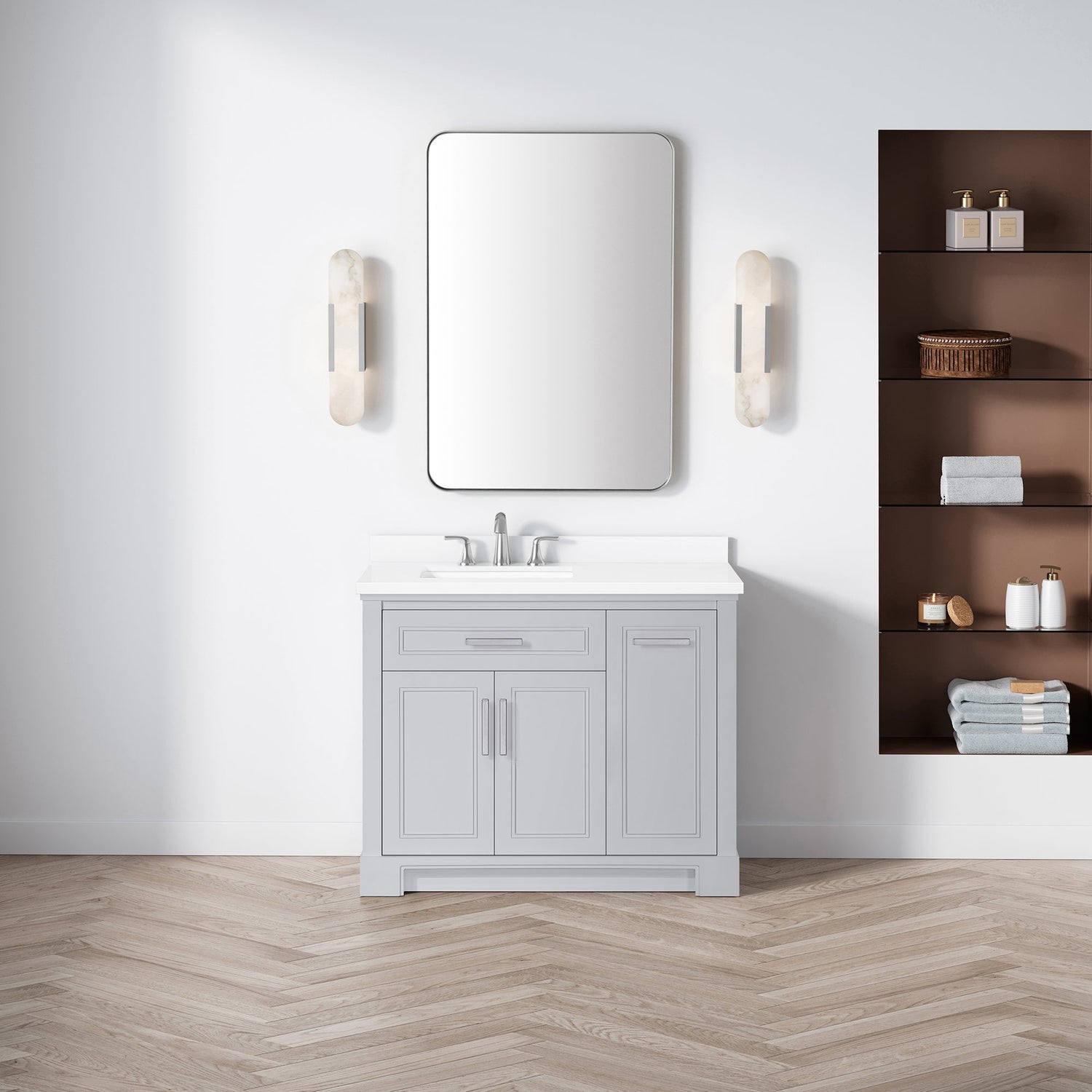 SCARLETT 42IN VANITY IN DOVE GREY WITH WHITE QUARTZ TOP & CERAMIC BASIN