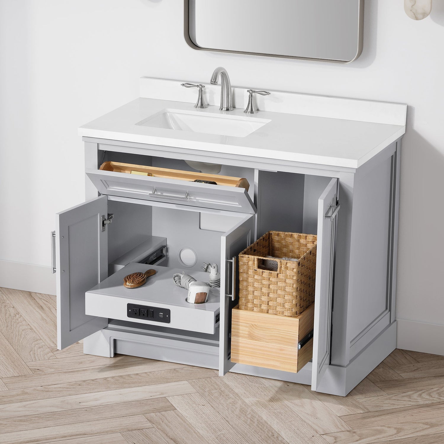 SCARLETT 42IN VANITY IN DOVE GREY WITH WHITE QUARTZ TOP & CERAMIC BASIN