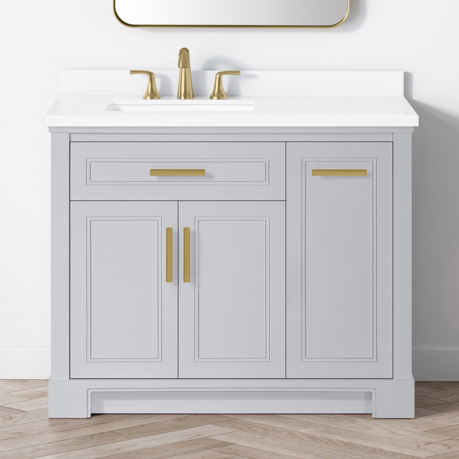 SCARLETT 42IN VANITY IN DOVE GREY WITH WHITE QUARTZ TOP & CERAMIC BASIN