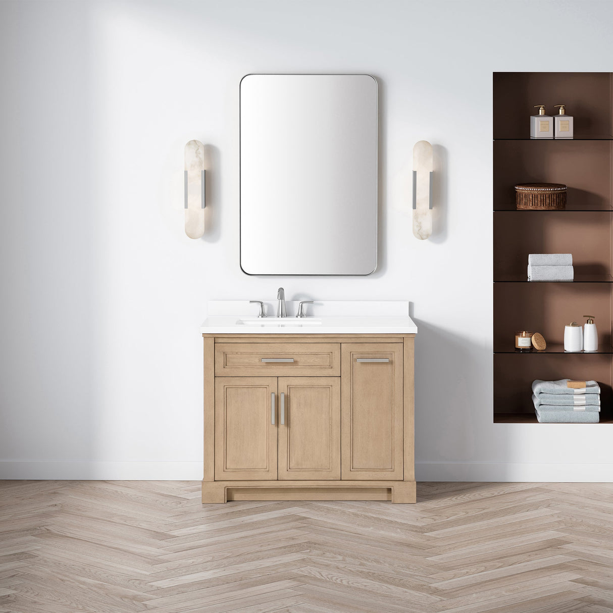 SCARLETT 42IN VANITY IN SAHARA BIRCH WITH WHITE QUARTZ TOP & CERAMIC BASIN