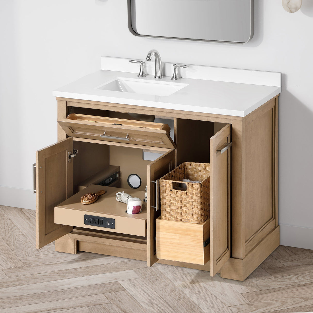 SCARLETT 42IN VANITY IN SAHARA BIRCH WITH WHITE QUARTZ TOP & CERAMIC BASIN