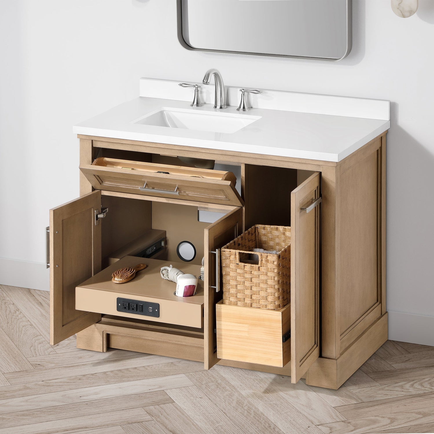 SCARLETT 42IN VANITY IN SAHARA BIRCH WITH WHITE QUARTZ TOP & CERAMIC BASIN
