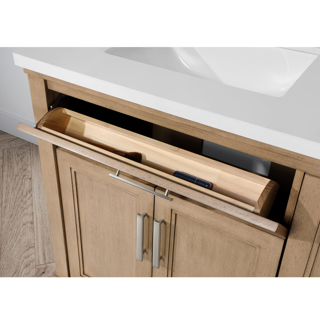 SCARLETT 42IN VANITY IN SAHARA BIRCH WITH WHITE QUARTZ TOP & CERAMIC BASIN