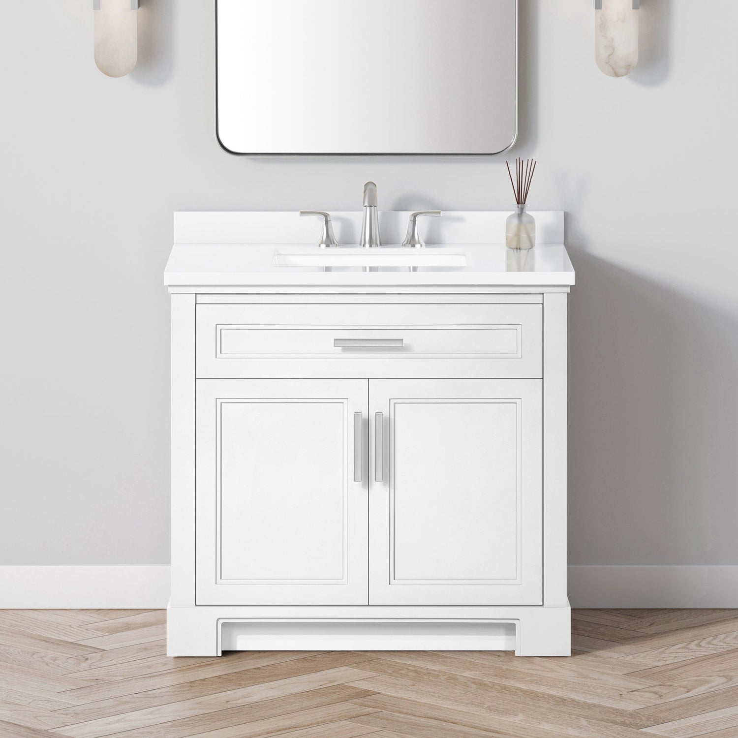 SCARLETT 36IN VANITY IN WHITE WITH WHITE QUARTZ TOP & CERAMIC BASIN