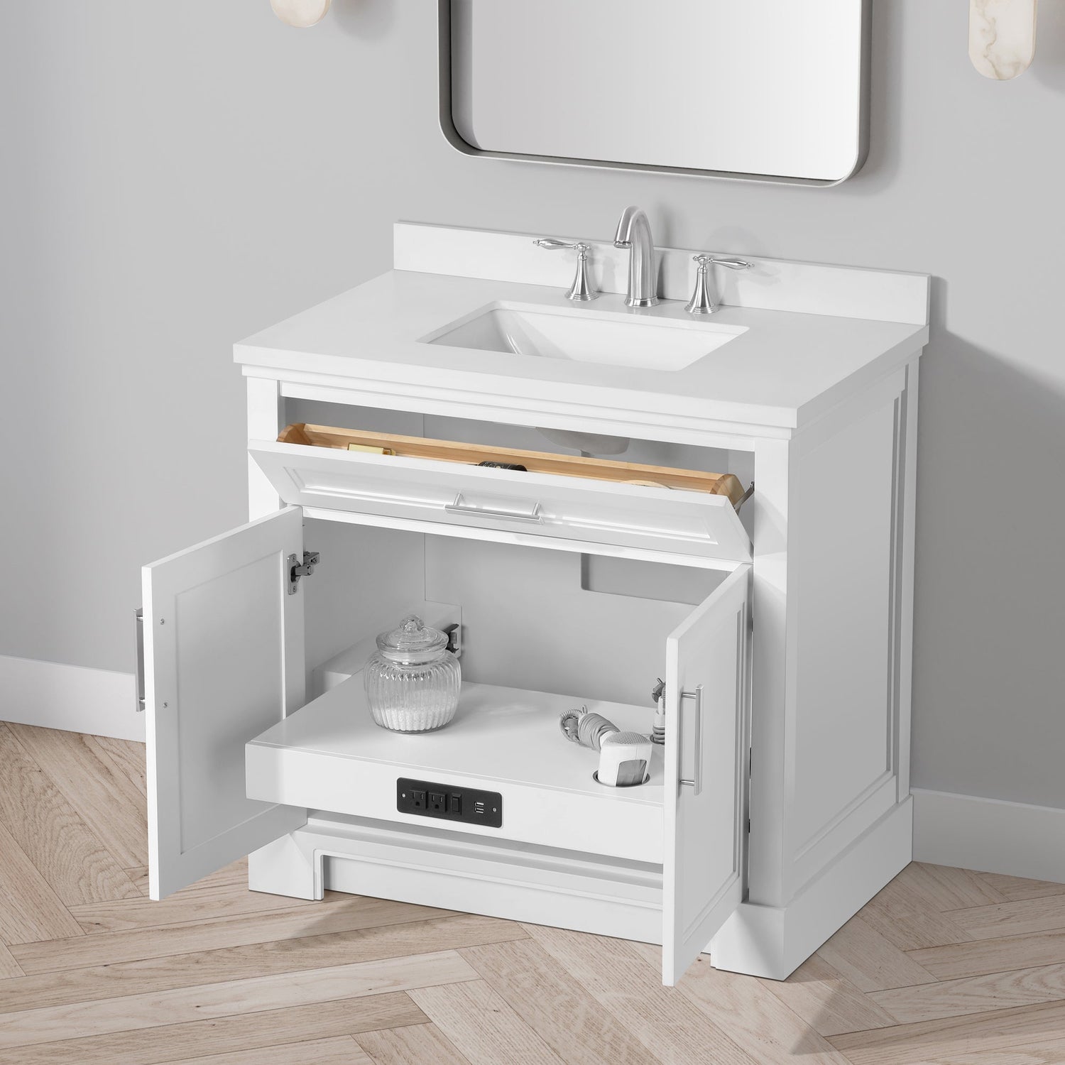 SCARLETT 36IN VANITY IN WHITE WITH WHITE QUARTZ TOP & CERAMIC BASIN