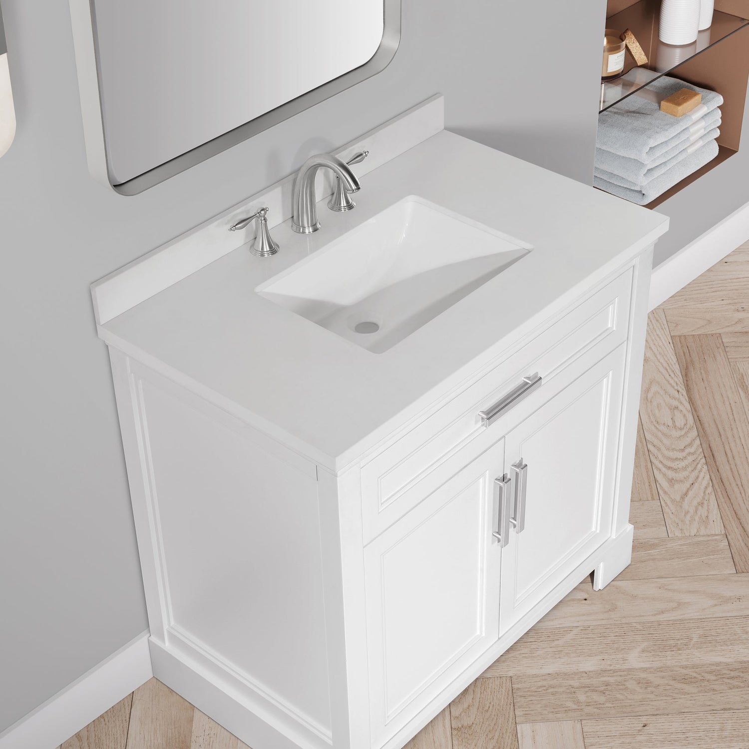 SCARLETT 36IN VANITY IN WHITE WITH WHITE QUARTZ TOP & CERAMIC BASIN