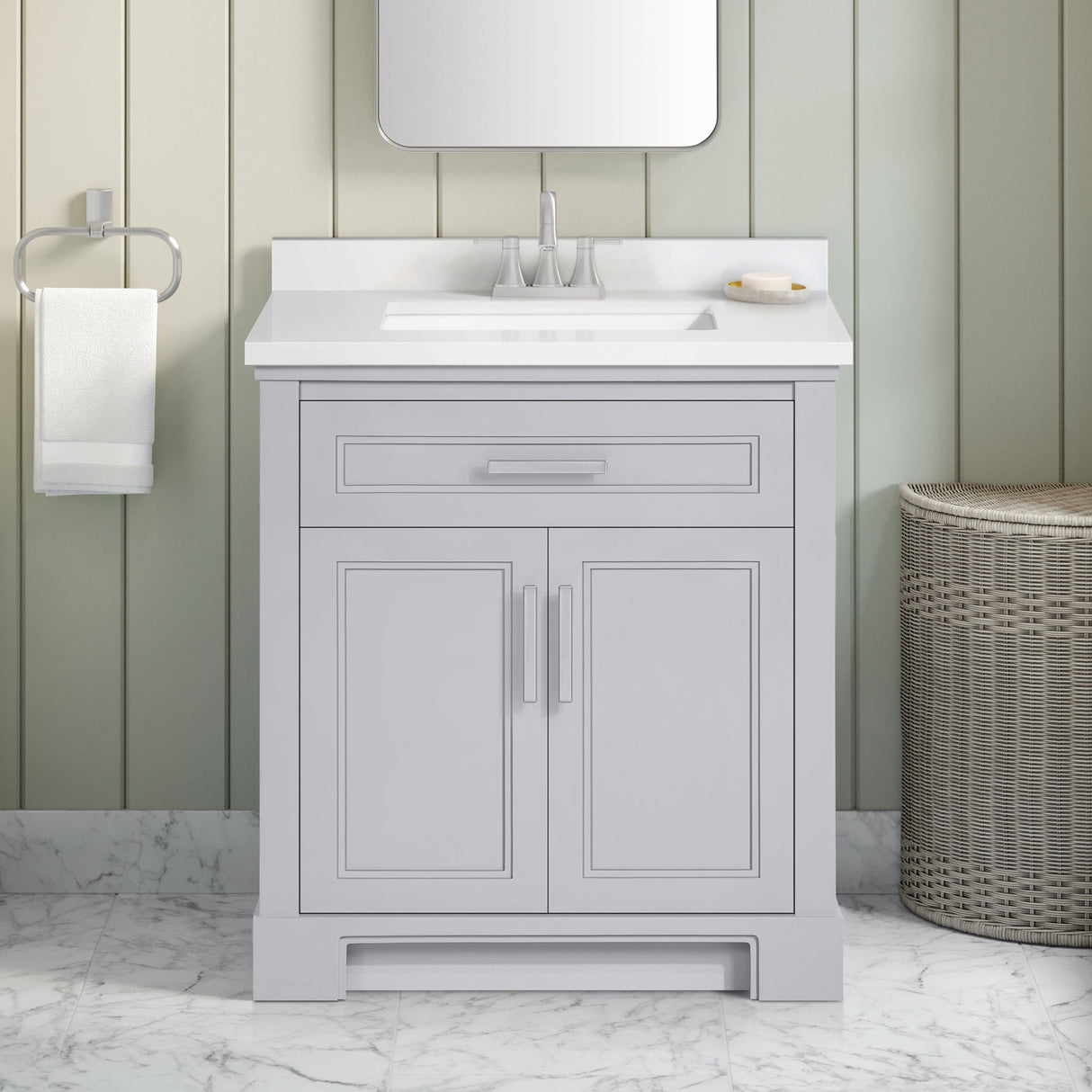 SCARLETT 30IN VANITY IN DOVE GREY WITH WHITE QUARTZ TOP & CERAMIC BASIN