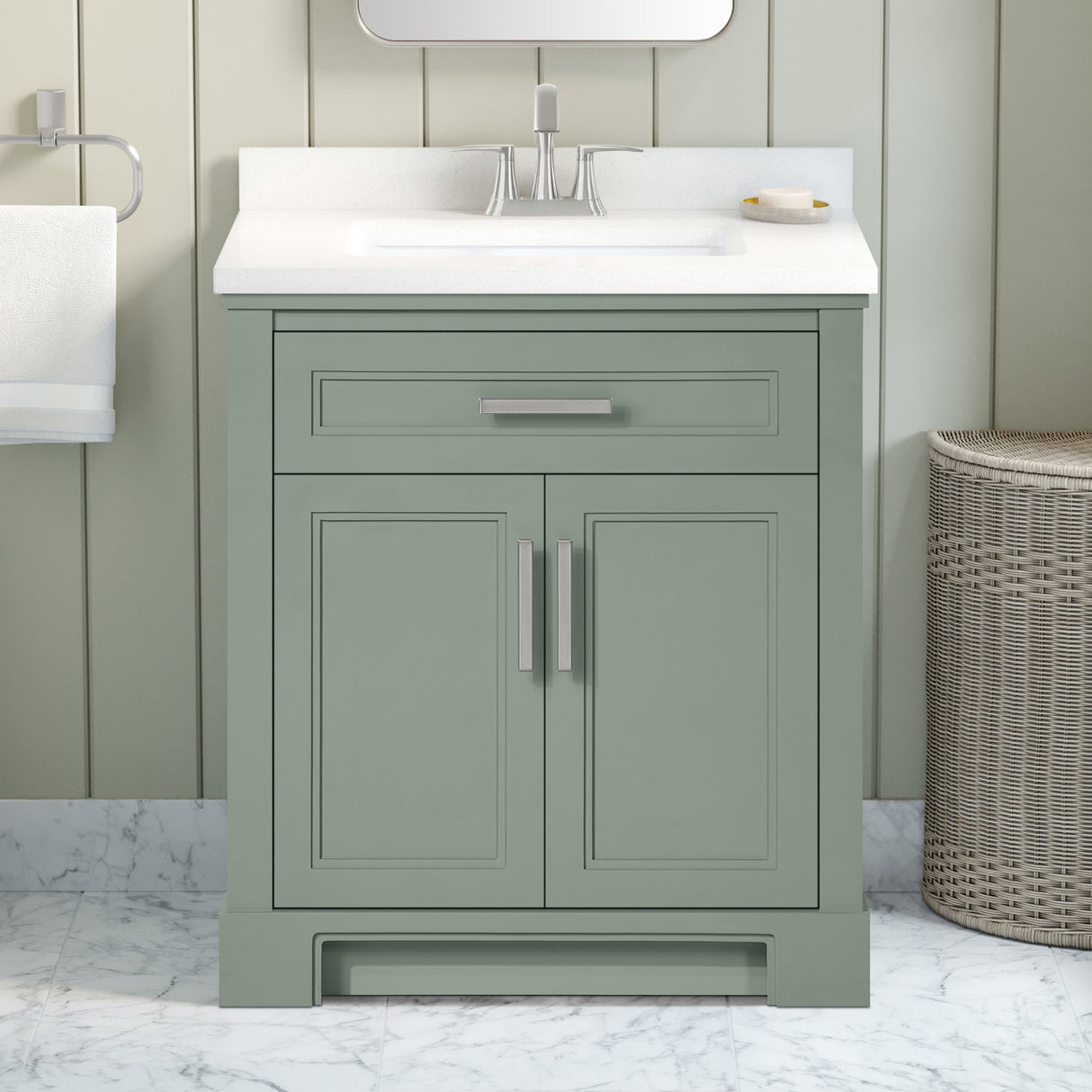 SCARLETT 30IN VANITY IN SAGE GREEN WITH WHITE QUARTZ TOP & CERAMIC BASIN