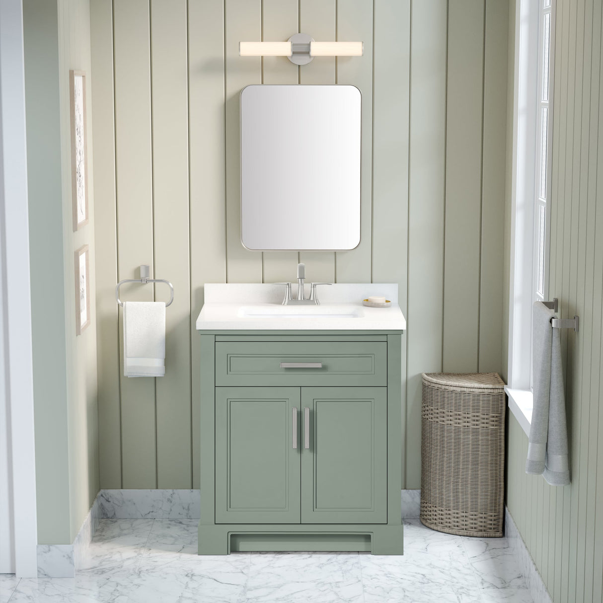SCARLETT 30IN VANITY IN SAGE GREEN WITH WHITE QUARTZ TOP & CERAMIC BASIN