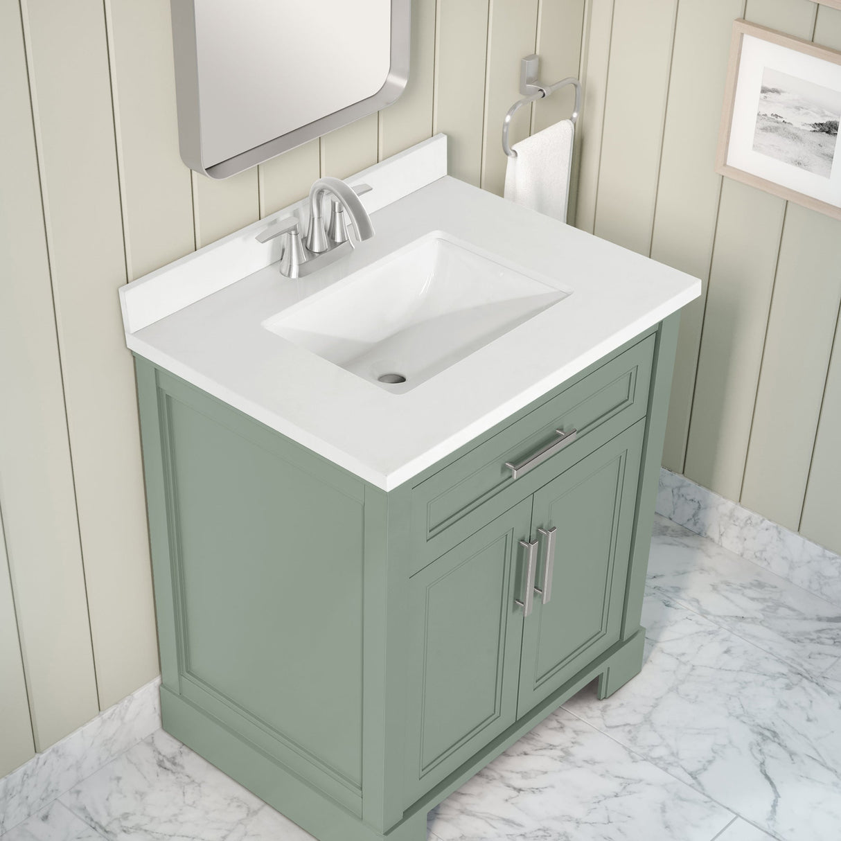 SCARLETT 30IN VANITY IN SAGE GREEN WITH WHITE QUARTZ TOP & CERAMIC BASIN