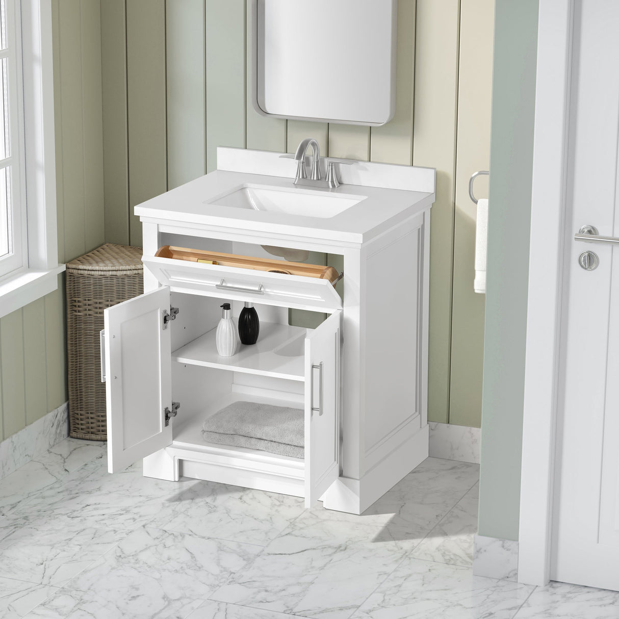 SCARLETT 30IN VANITY IN WHITE WITH WHITE QUARTZ TOP & CERAMIC BASIN
