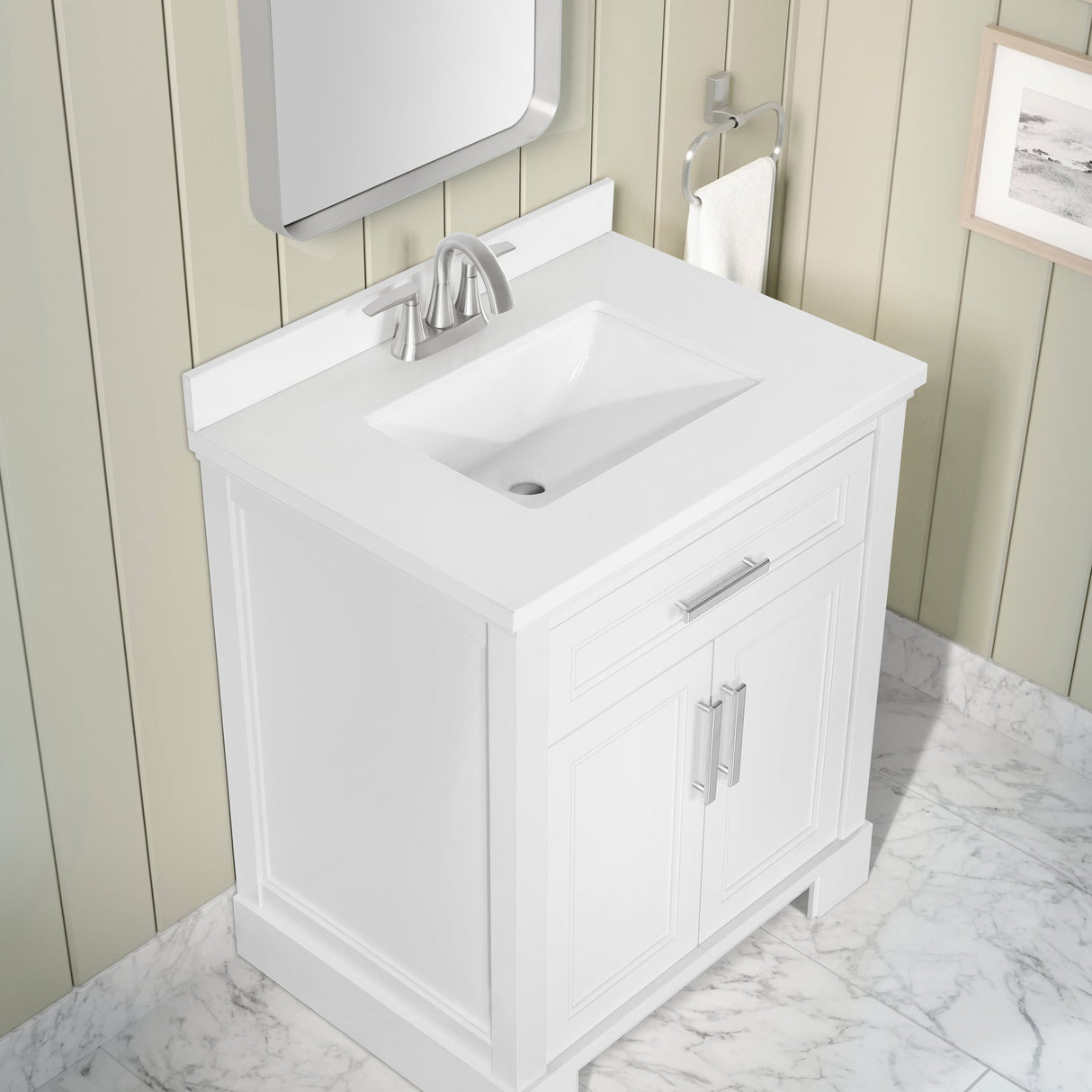 SCARLETT 30IN VANITY IN WHITE WITH WHITE QUARTZ TOP & CERAMIC BASIN