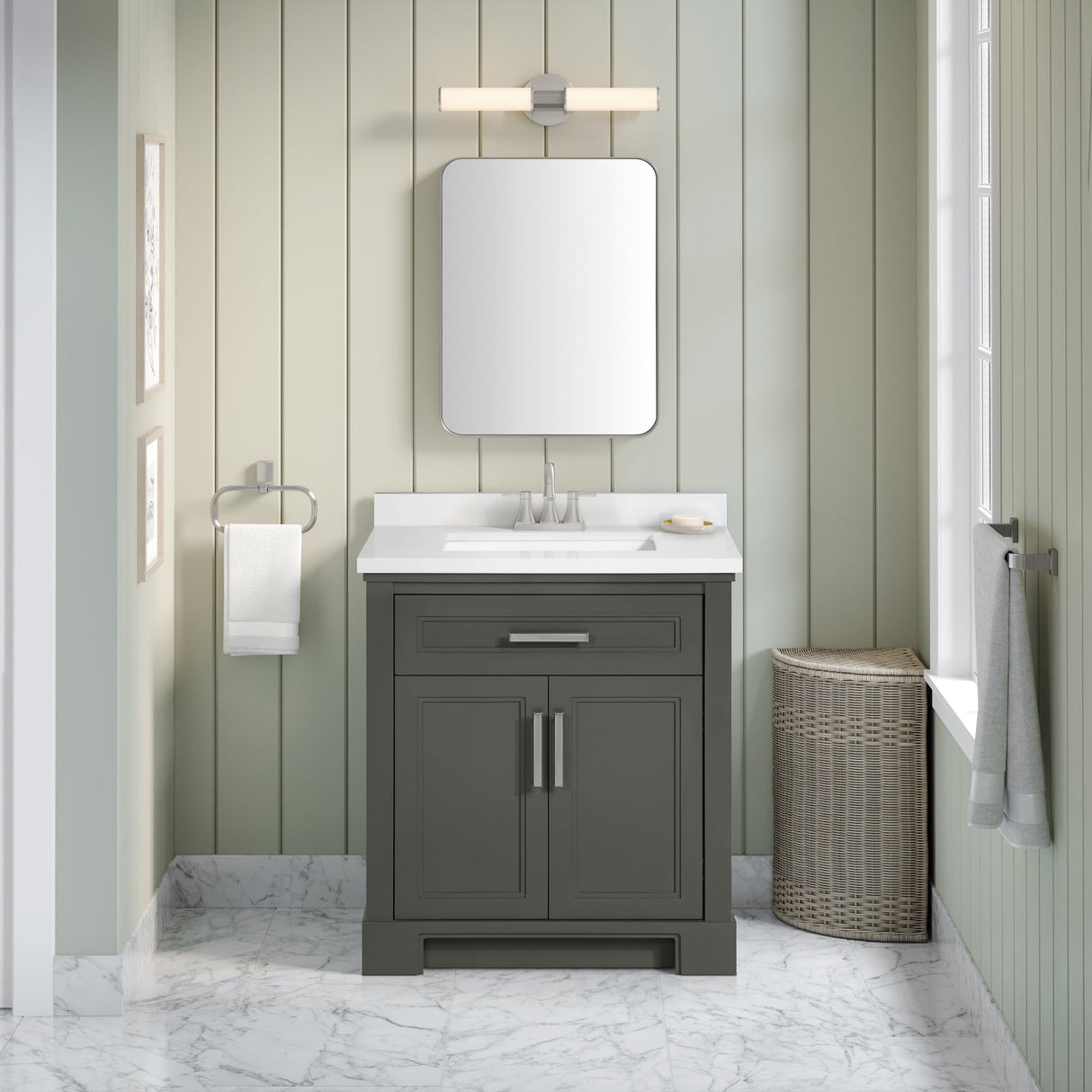 SCARLETT 30IN VANITY IN CHARCOAL GREY WITH WHITE QUARTZ TOP & CERAMIC BASIN