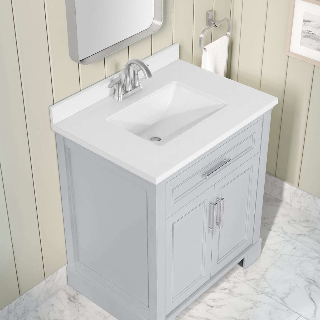 SCARLETT 30IN VANITY IN DOVE GREY WITH WHITE QUARTZ TOP & CERAMIC BASIN