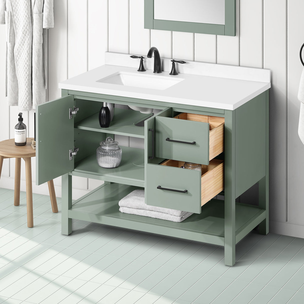 BANKS 42IN VANITY WITH SLAB DOOR IN SAGE GREEN WHITE QUARTZ TOP & CERAMIC BASIN