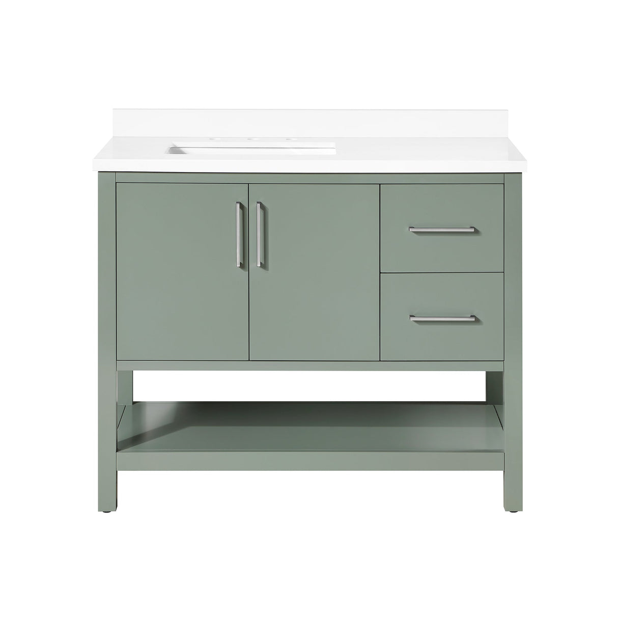 BANKS 42IN VANITY WITH SLAB DOOR IN SAGE GREEN WHITE QUARTZ TOP & CERAMIC BASIN