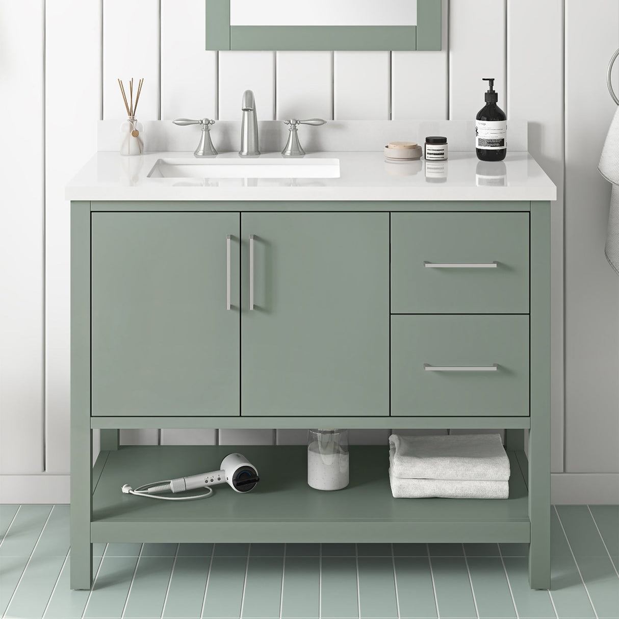 BANKS 42IN VANITY WITH SLAB DOOR IN SAGE GREEN WHITE QUARTZ TOP & CERAMIC BASIN