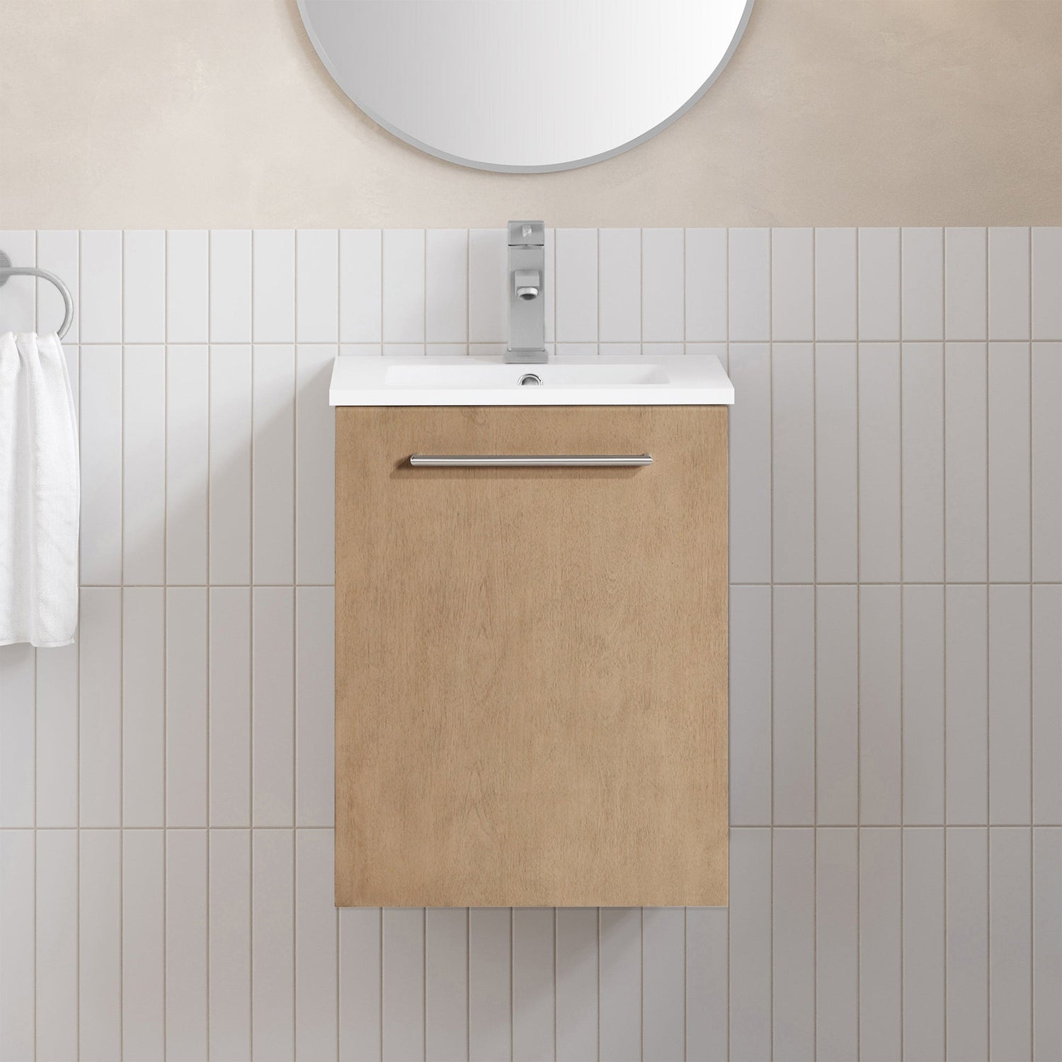 MILLS 18IN VANITY IN SAHARA BIRCH WITH A WHITE INTEGRATED CERAMIC BASIN