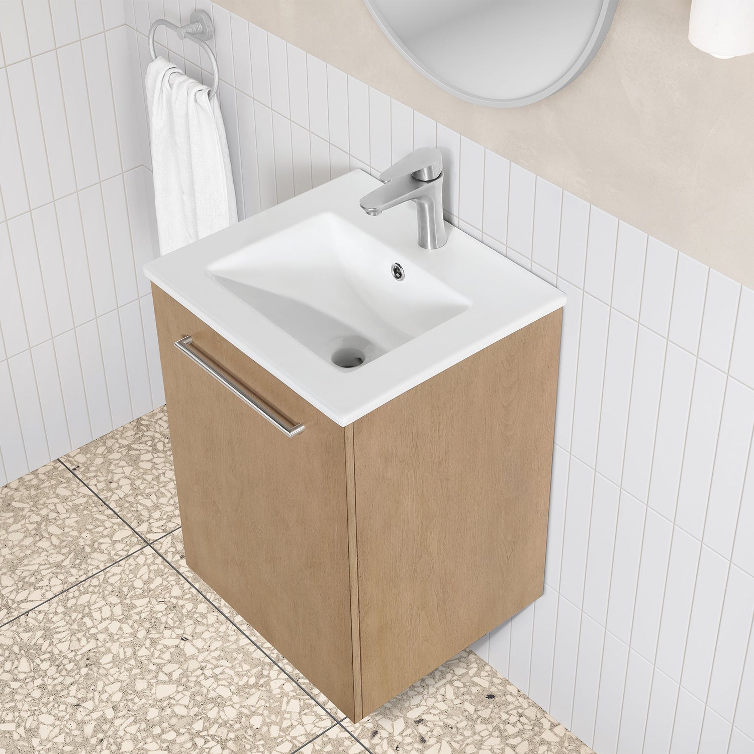 MILLS 18IN VANITY IN SAHARA BIRCH WITH A WHITE INTEGRATED CERAMIC BASIN