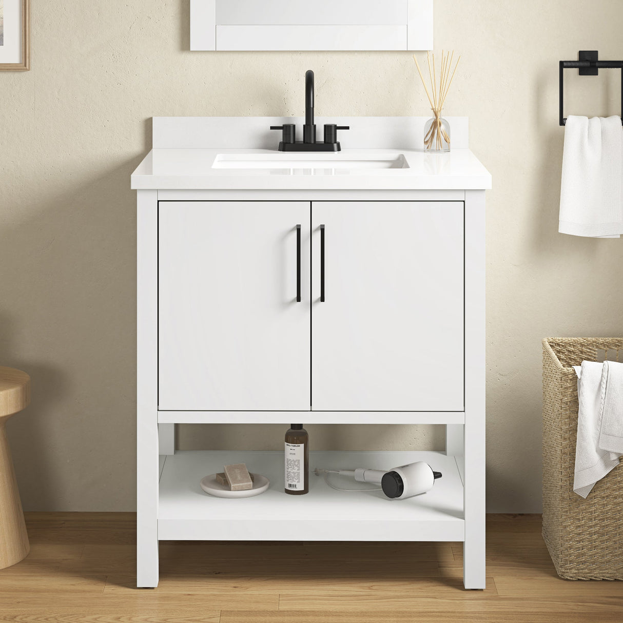 BANKS 30IN VANITY WITH SLAB DOOR IN WHITE WITH WHITE QUARTZ TOP & CERAMIC BASIN