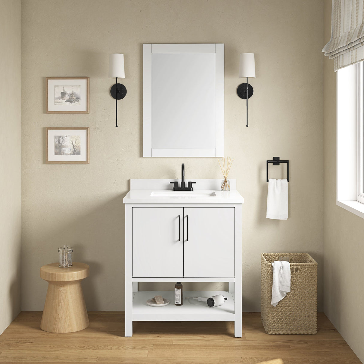 BANKS 30IN VANITY WITH SLAB DOOR IN WHITE WITH WHITE QUARTZ TOP & CERAMIC BASIN