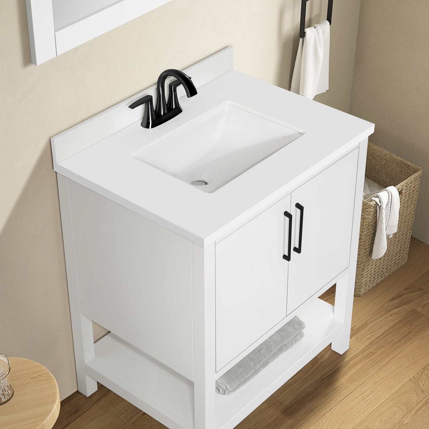 BANKS 30IN VANITY WITH SLAB DOOR IN WHITE WITH WHITE QUARTZ TOP & CERAMIC BASIN