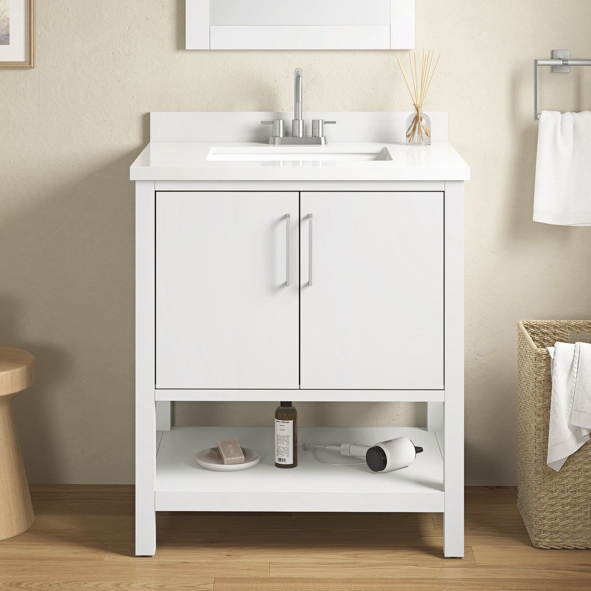 BANKS 30IN VANITY WITH SLAB DOOR IN WHITE WITH WHITE QUARTZ TOP & CERAMIC BASIN