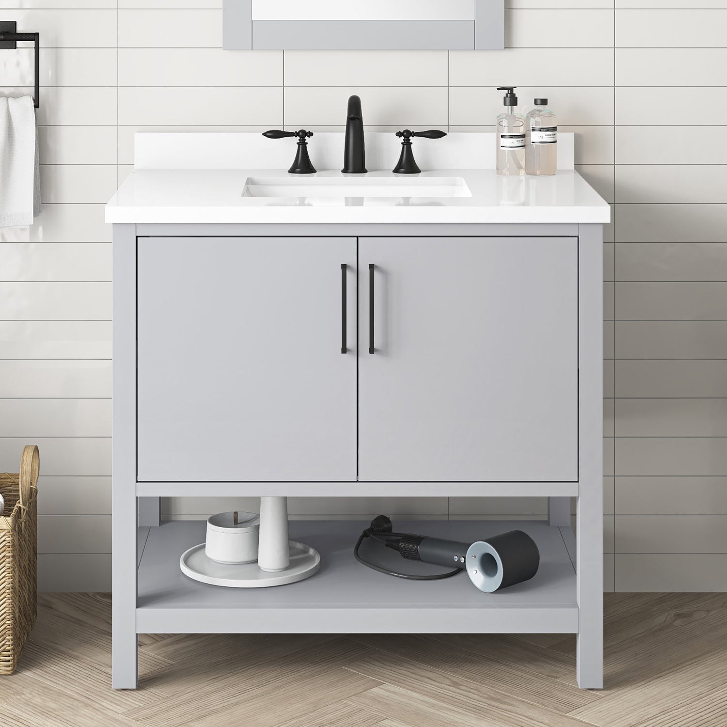 BANKS 36IN VANITY WITH SLAB DOOR IN DOVE GREY WITH WHITE QUARTZ TOP & CERAMIC BASIN