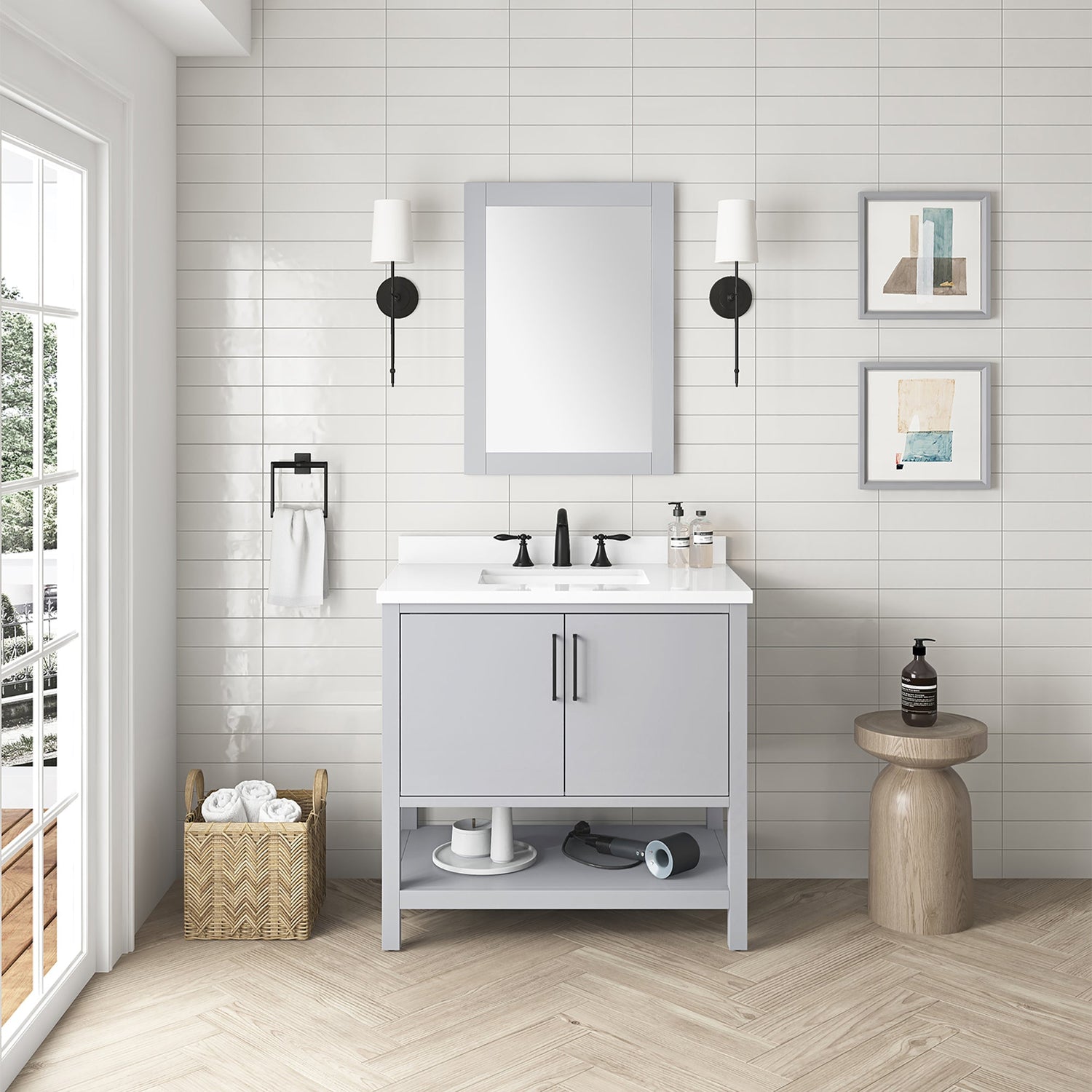 BANKS 36IN VANITY WITH SLAB DOOR IN DOVE GREY WITH WHITE QUARTZ TOP & CERAMIC BASIN