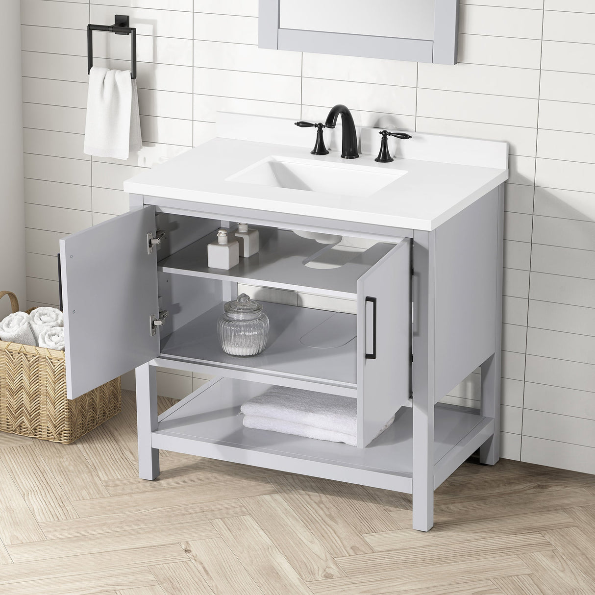 BANKS 36IN VANITY WITH SLAB DOOR IN DOVE GREY WITH WHITE QUARTZ TOP & CERAMIC BASIN