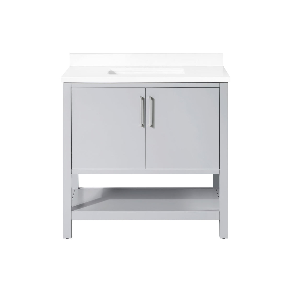 BANKS 36IN VANITY WITH SLAB DOOR IN DOVE GREY WITH WHITE QUARTZ TOP & CERAMIC BASIN