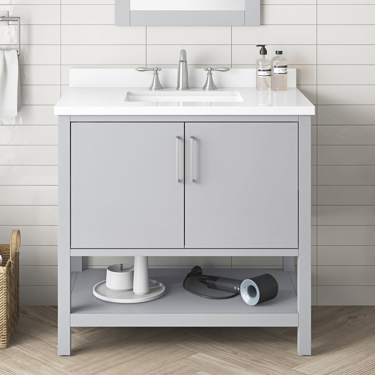 BANKS 36IN VANITY WITH SLAB DOOR IN DOVE GREY WITH WHITE QUARTZ TOP & CERAMIC BASIN