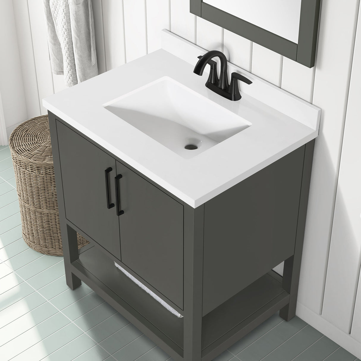 BANKS 30IN VANITY WITH SLAB DOOR IN CHARCOAL GREY WITH WHITE QUARTZ TOP & CERAMIC BASIN