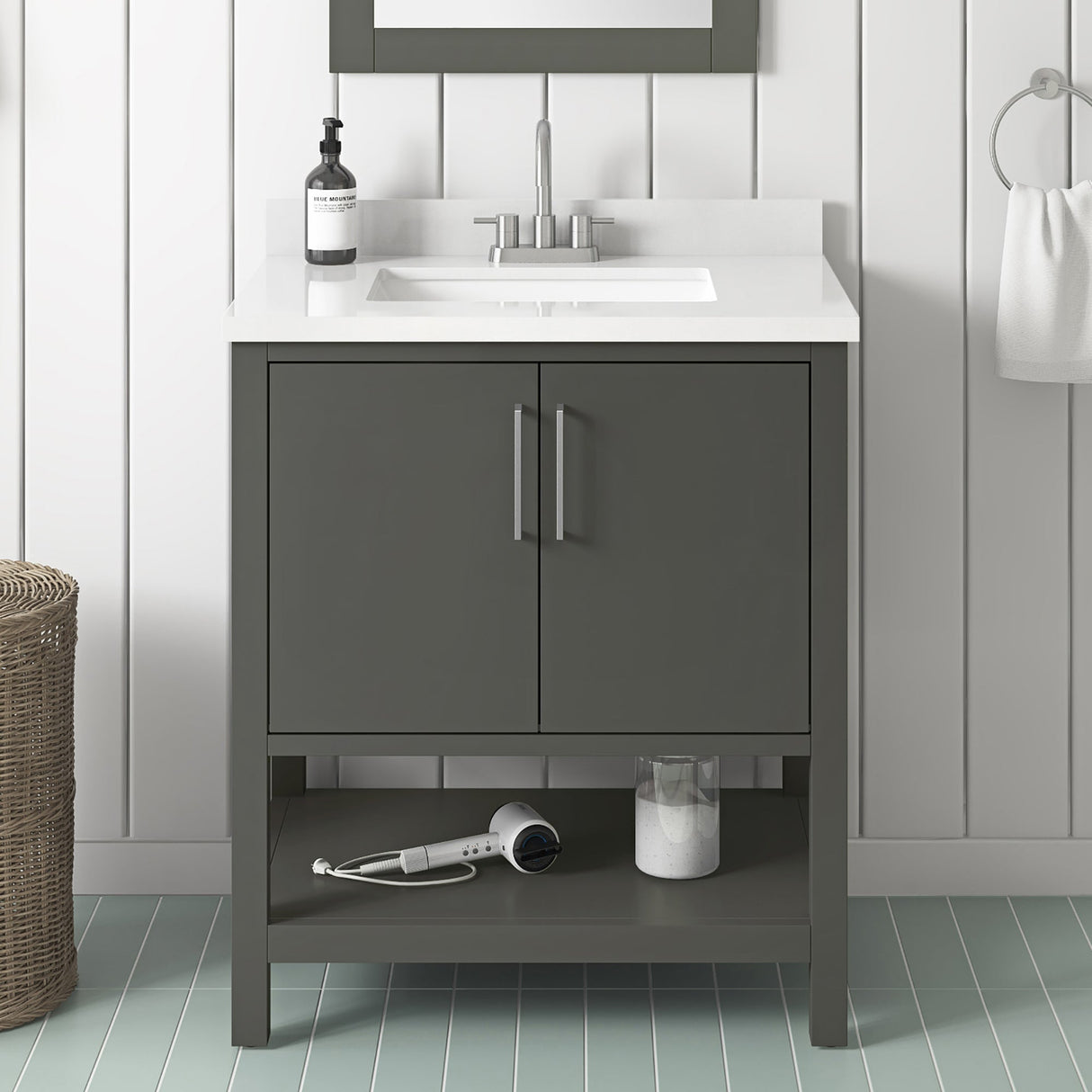 BANKS 30IN VANITY WITH SLAB DOOR IN CHARCOAL GREY WITH WHITE QUARTZ TOP & CERAMIC BASIN